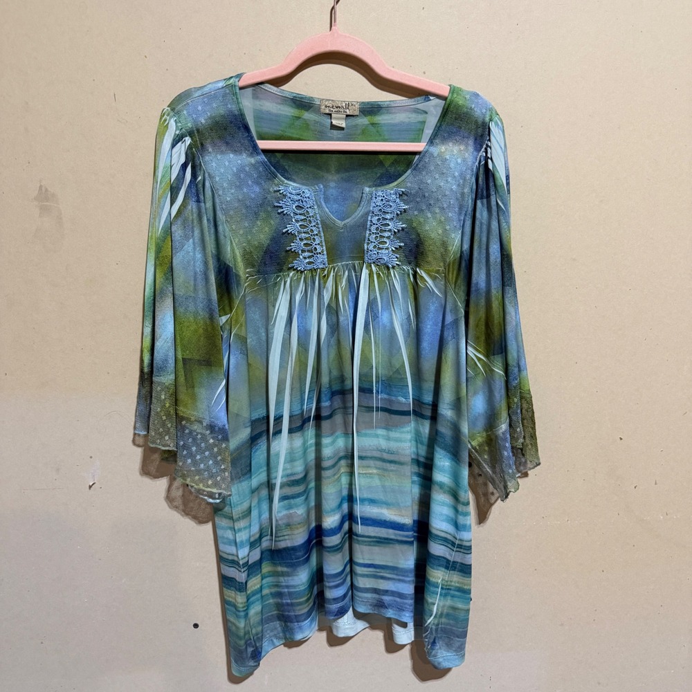 One World Live and Let Live Blue Green Lace Tunic Top XL Boho Fairy Whimsigoth